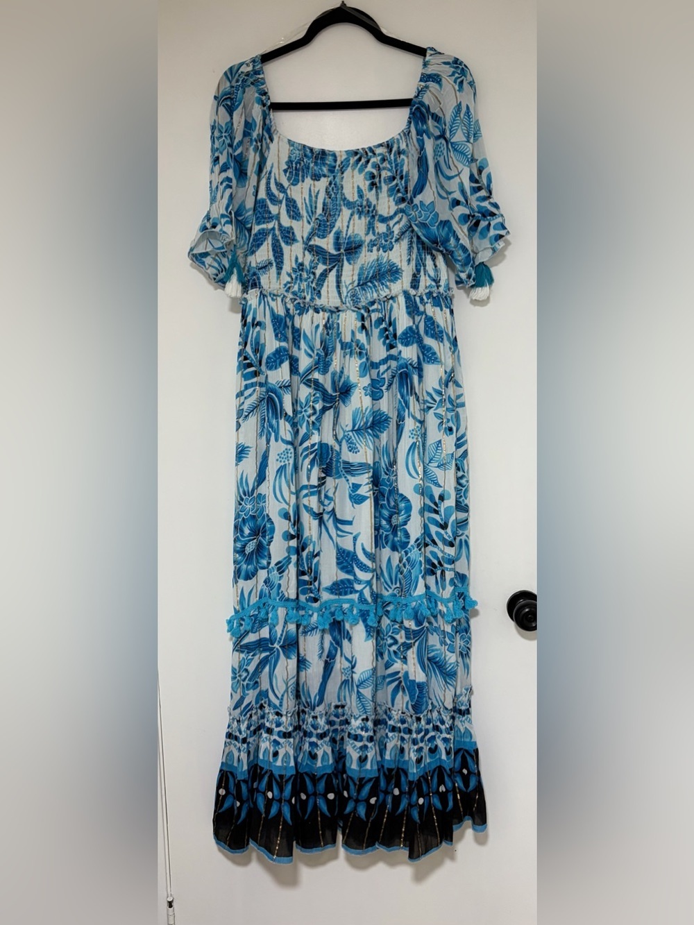 Women’s Blue Tropical Short Sleeve Boho Maxi Dress Size XL Tassels - Picture 2 of 9